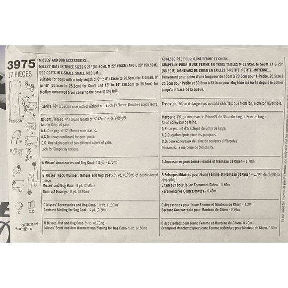 Misses' & Dog Accessories Pattern Hats Simplicity 3975 Scarves & Dog Coats Sizes - Picture 2 of 2